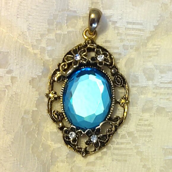 Vintage Blue Crystal Large Floral Copper Pendant Timeless Vtg Pendant - Picture 3 of 7